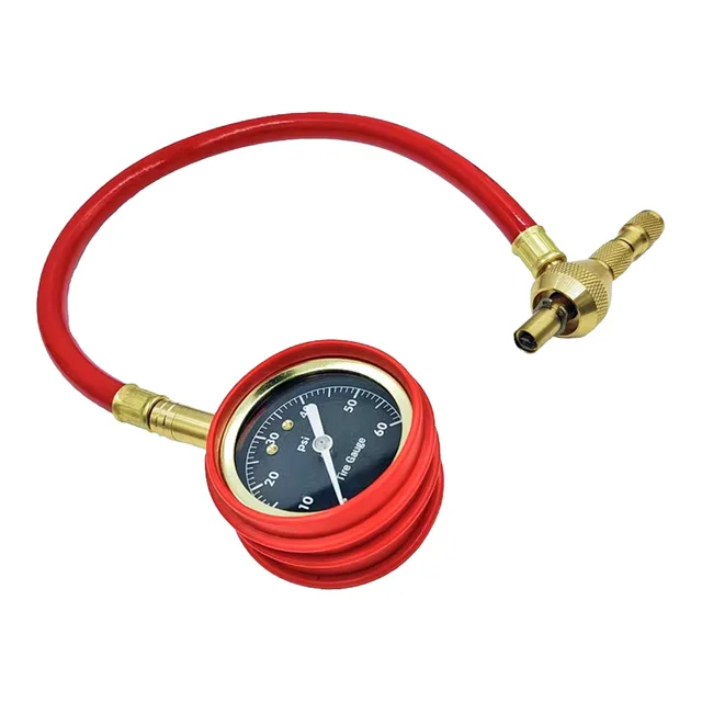 Mechanical Tire Pressure Gauge With Red Rubber Cover And Red Hose