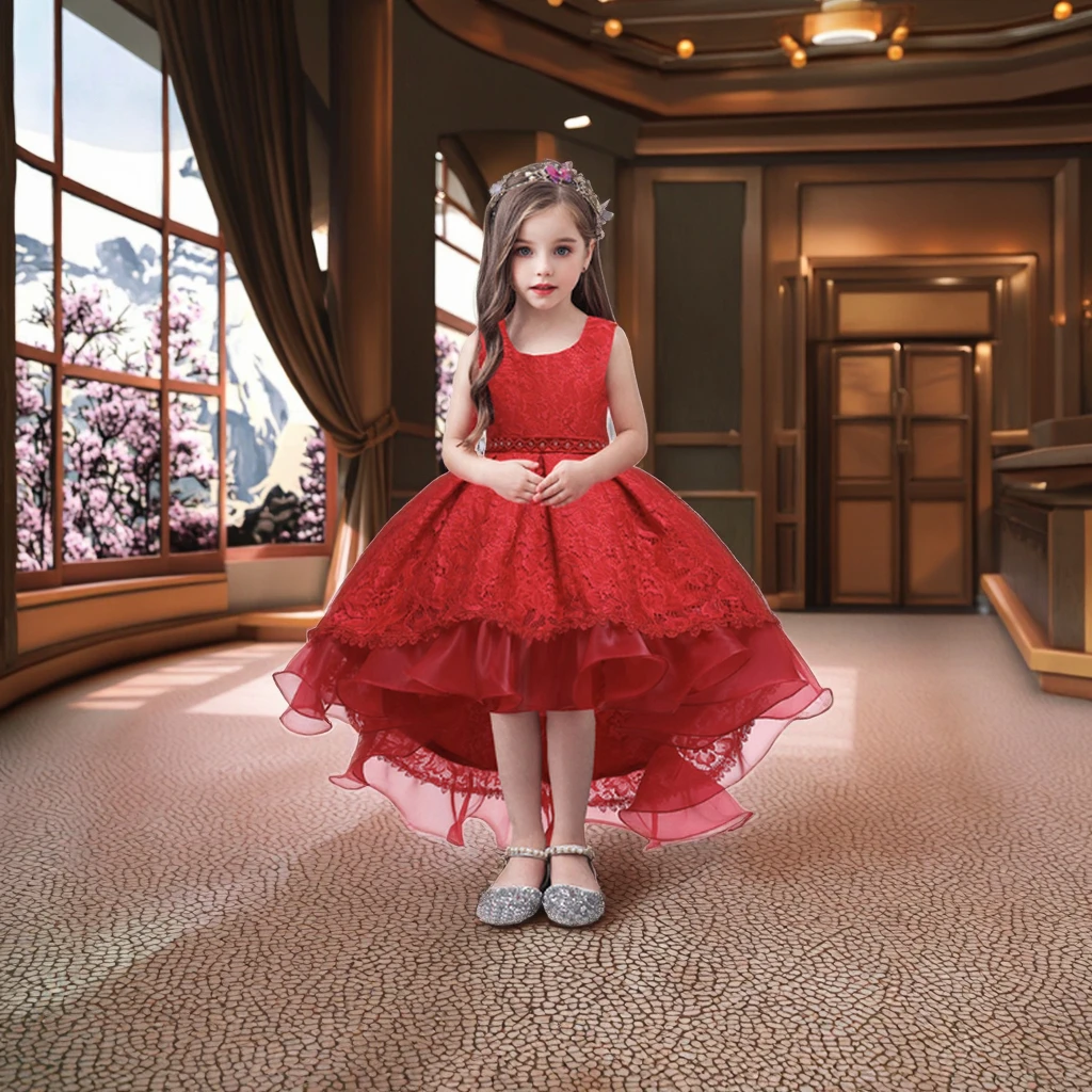 fitted lace wedding dress Girls' Red 3D Flower Beaded Dress