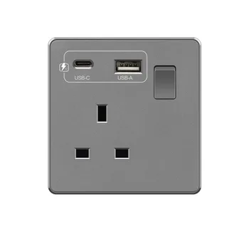 High quality Uk standard wall switched 13A socket with USB type-c with 18W 3.1A fast charging grey frosted pc panel wall sockets