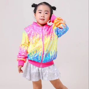 Girls' Sequin Bomber Jacket Zipper Closure Casual Cute Solid Autumn Winter Eco-friendly Children's Top Clothes for Kids