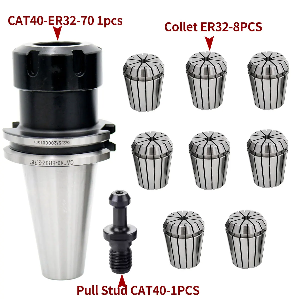 CAT40 ER32 Tool Holder, Collet and Pull Stud Set Cat40 Tool Holder Er32 Chuck COLLET Accuracy Is 0.008