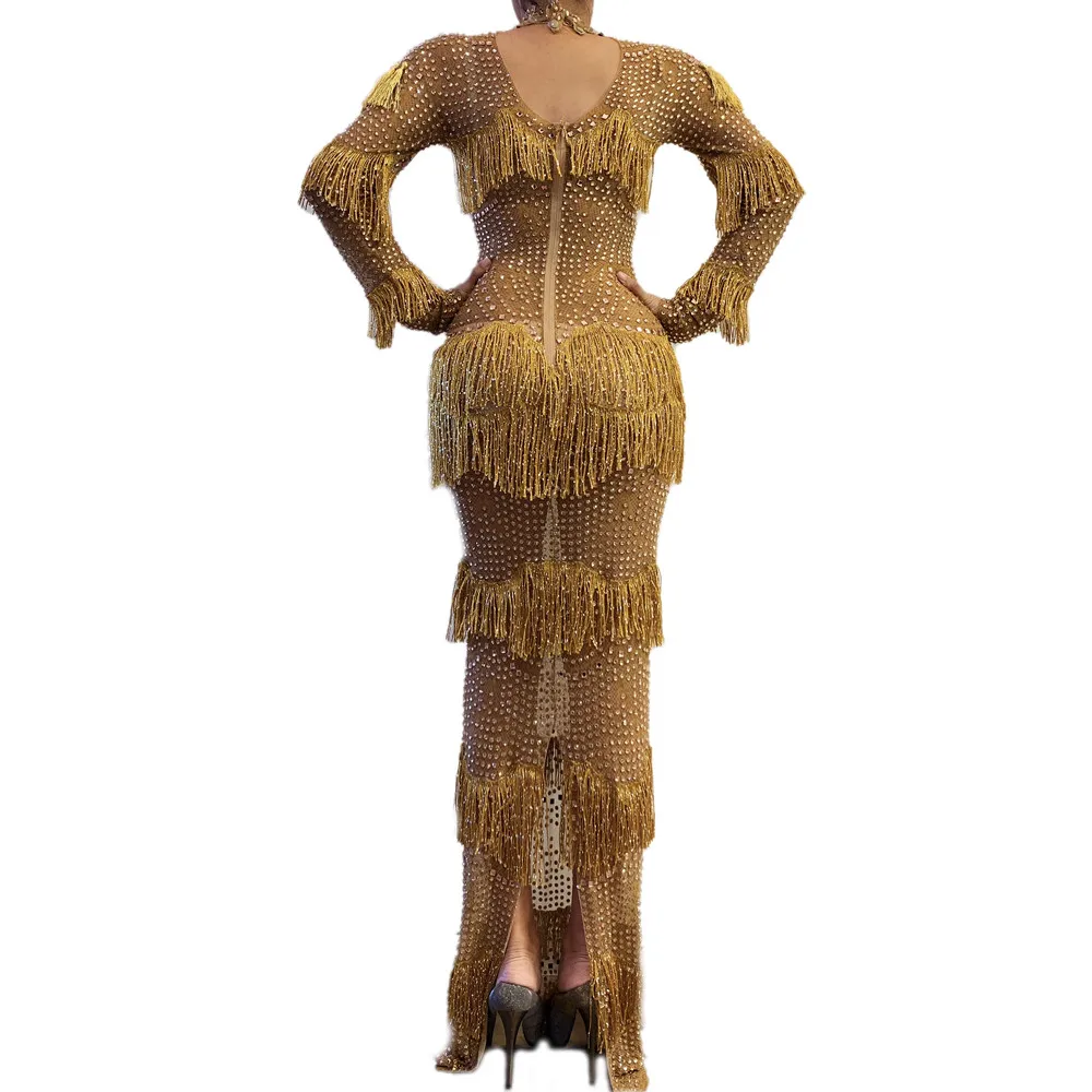 slim fit dress slacks AURORA (GOLD) CRYSTAL FRINGE LONG SLEEVE MINI DRESS – Dclt main image 0