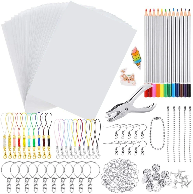 Hole Punch and Keychains Accessories for Kids Creative Craft Auihiay 221 Pieces Clear Shrink Plastic Kit Include 20 Shrinky Art Paper 
