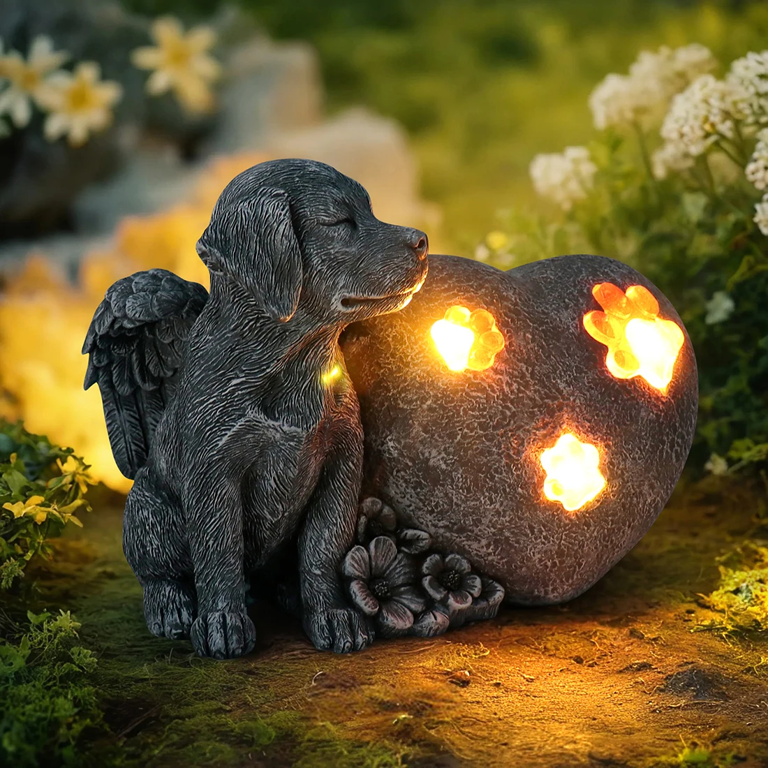 Statue Commémorative De Chien Angélique - Figurine De Chien Endormi Marqueur Funeraire Exterieur Cadeau De Condoleances Finition Pierre Antique 225 Cm