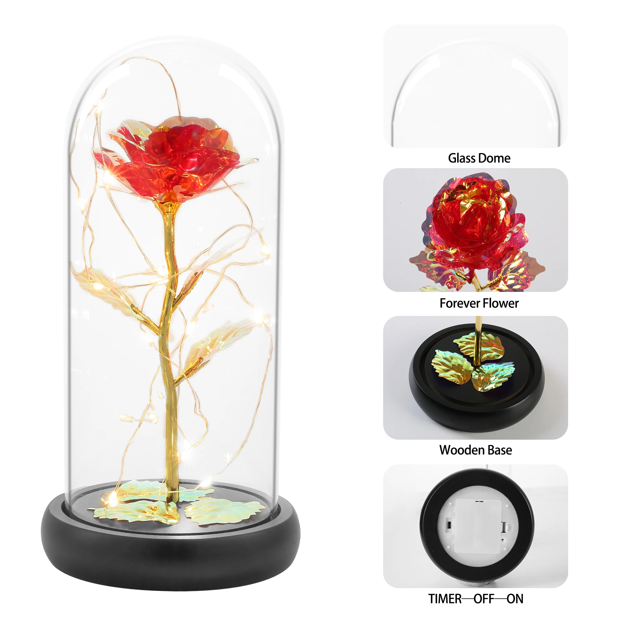 Preserved flower in glass dome with wooden base with led light for home decoration manufacture