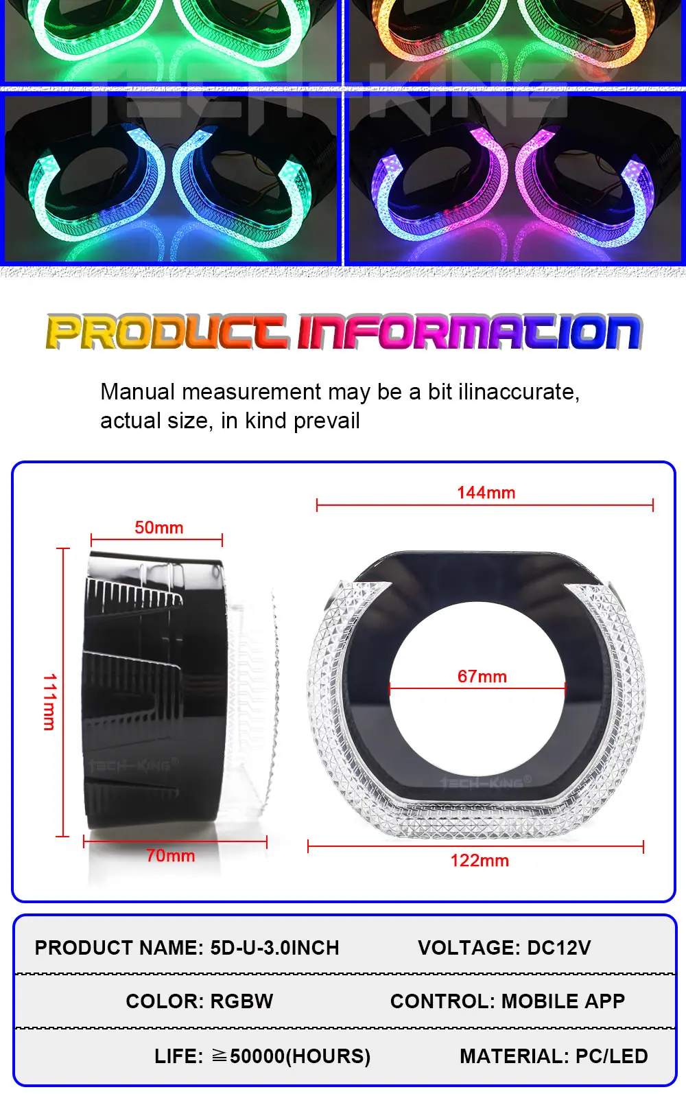 TECH-KING APP Control Projector Shrouds With LED U Shape RGBW Crystal LED Angel Eye Black Decorative Cover Retrofit and upgrade