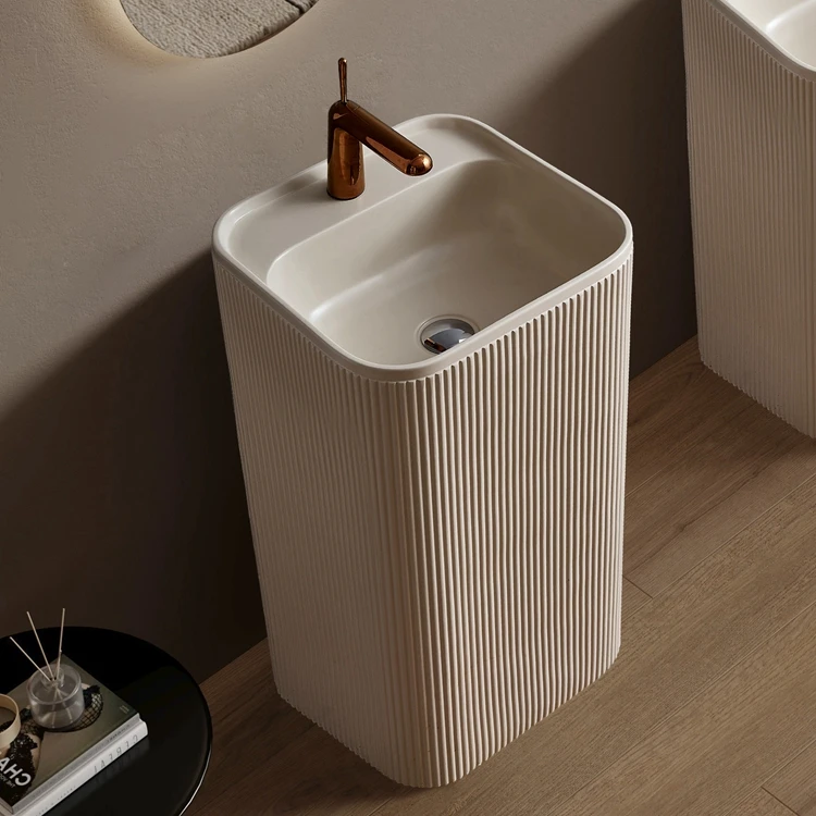 Wabi Sabi Style Bathroom Square Shape Beige Artificial Stone Solid Surface Floor-to-ceiling Column Sink Pedestal Wash Basin