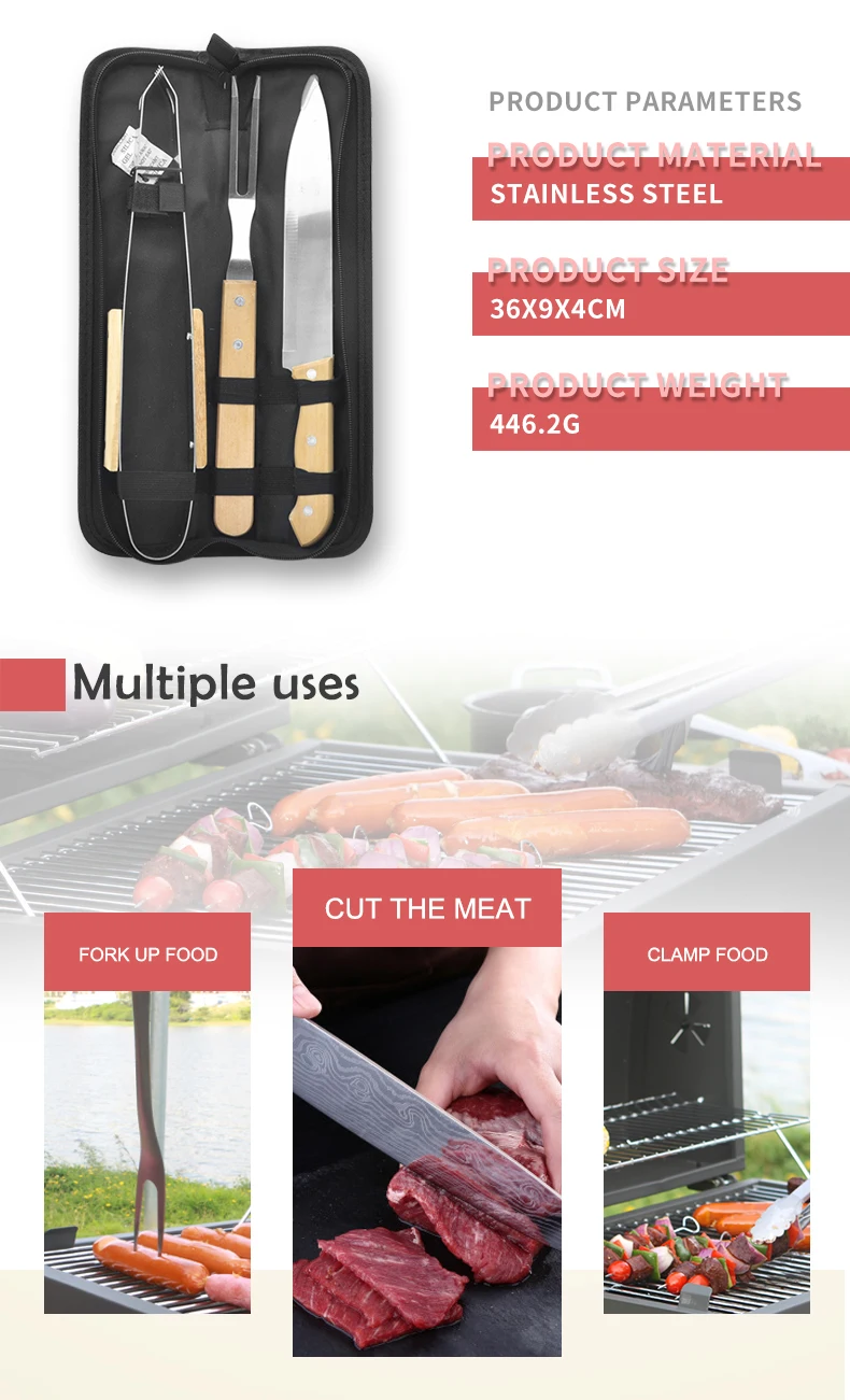 Portable Multi Function Camping 3 Pieces Barbecue Accessories Tools Wood Handle BBQ Outdoor Tool With Carry Bag