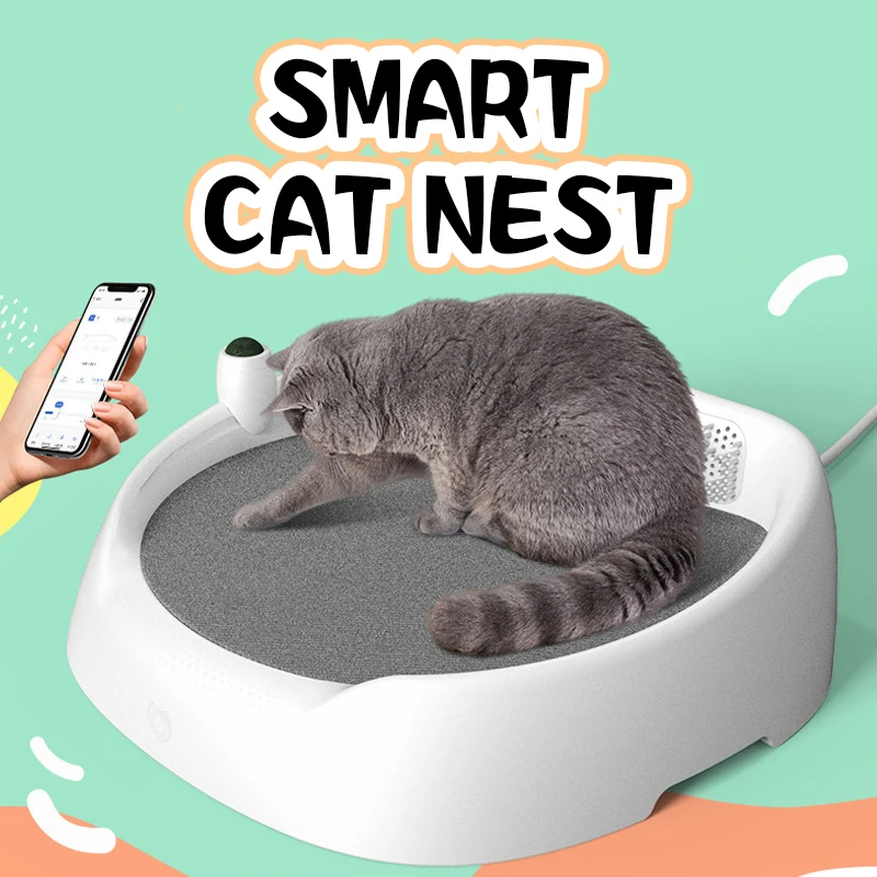 Weighing Sensor WiFi APP Control Warm Cool Temperature Adjustable Smart Pet Bed with Self Groomer Catnip Holder