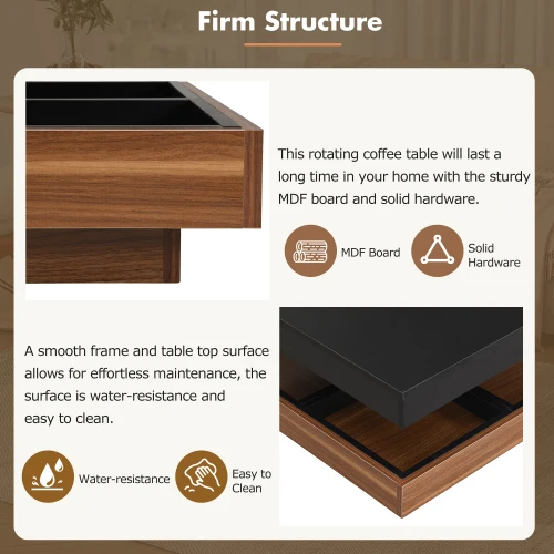 Modern square 360 Rotating Coffee Table with Three Detachable Trays, 2-story Wooden Center Table and Living Room Storage Space.