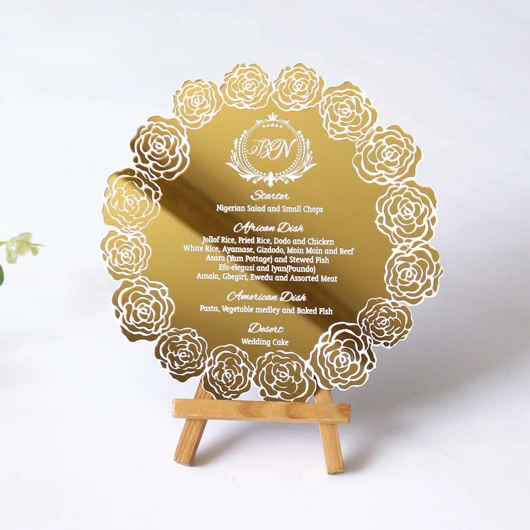 Customized Printing Engraved Round Mirror Acrylic Wedding Menus Cards