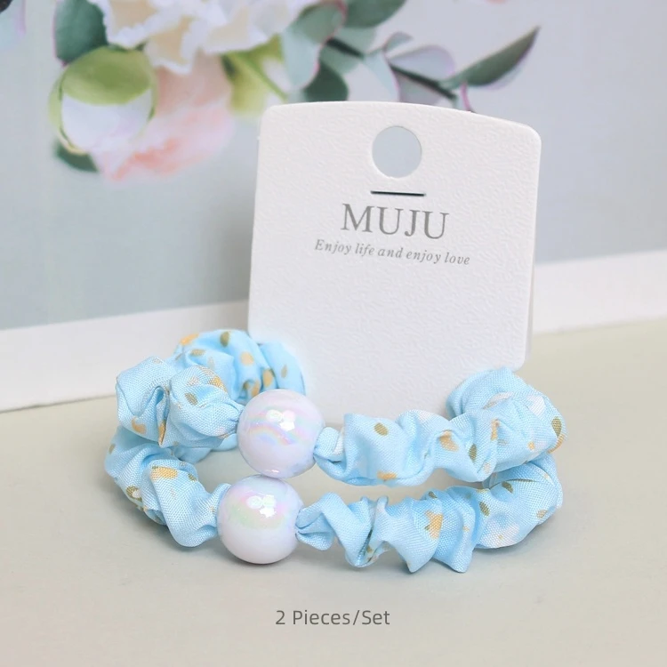 2Piece Set of New Pearl Scrunchie Hair Tie Printed Cloth Fold Thick Rubber Band High Elastic Ponytail Head Rope for Girl
