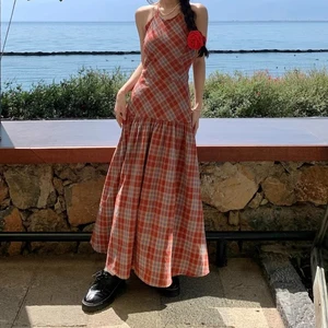 Summer Sexy Tunic Slim Casual Midi Dress for Women Empire Plaid Contrast Color Hollow Out Lace Dress