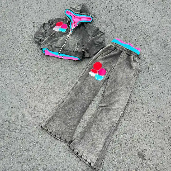 Salati Streetwear Custom Vintage Jogging Set Triple Zip Layer Acid Wash Zip up Hoodies and Sweatpants Set Patch Men Tracksuits gallery 2