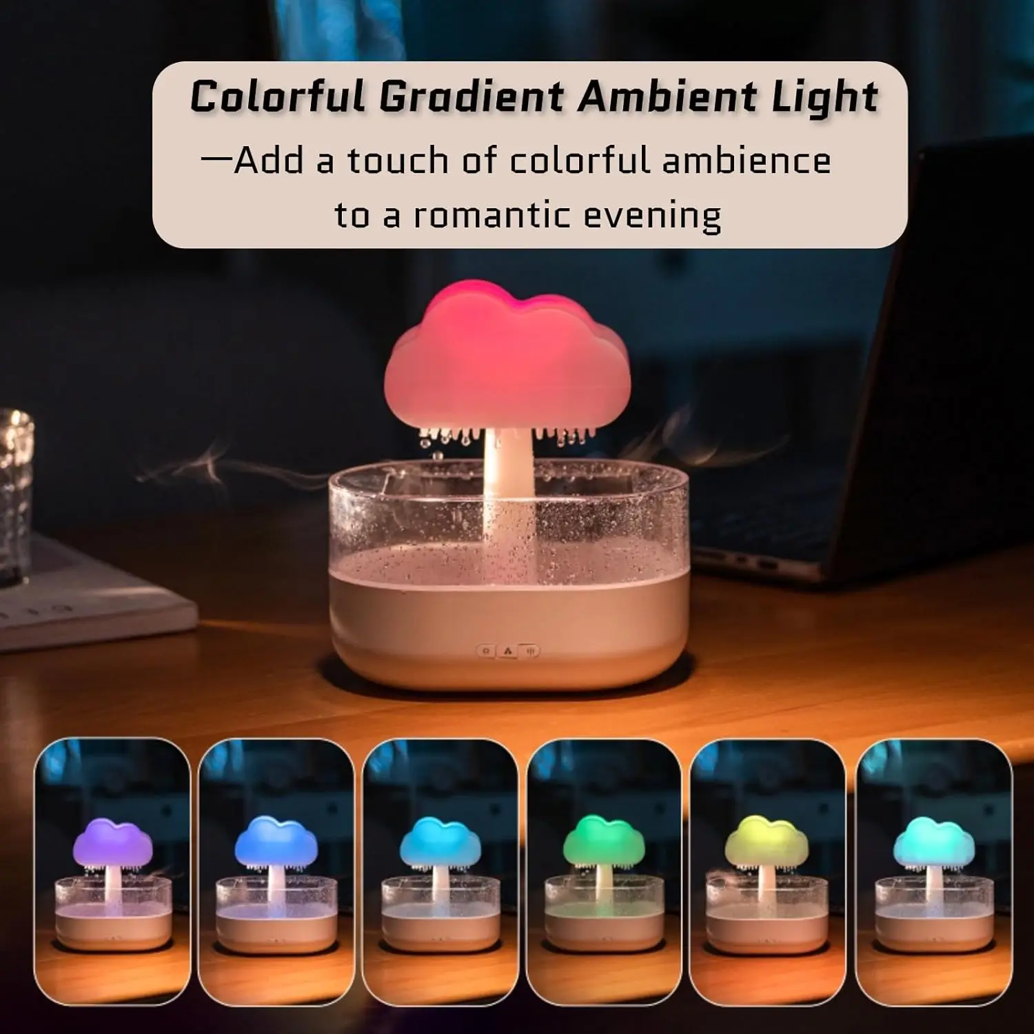 Umidificatore Rain Con Diffusore Oli Essenziali 250 Ml – 7 Colori LED, Luce Notturna A Fungo Per Camera E Ufficio