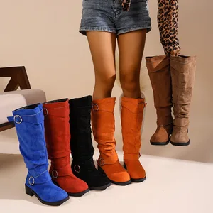 QuiteS 2026 Winter New Round-Toe Knight Boots Solid Knee-High Slip-On Suede Fleece-Lined Warm Large Size Slouch Boots for Women