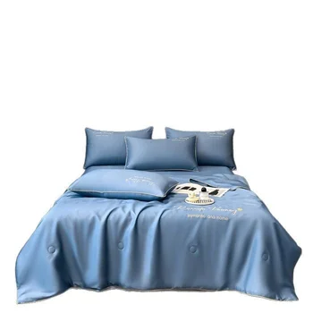 High Quality Modern Four-Piece Summer Quilt Set New Embroidered Water-Washed Flat Bed Cover King Bed Linen Printed Cartoon