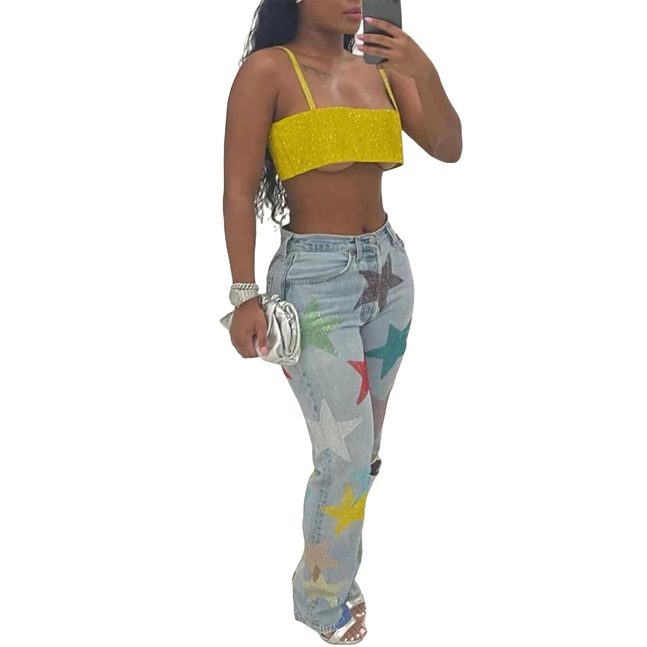 Popular Jeans with Sequins Star Pants for Women Ladies Pants Straight Fit Denim Jeans for Women Latest Design Jeans Pants