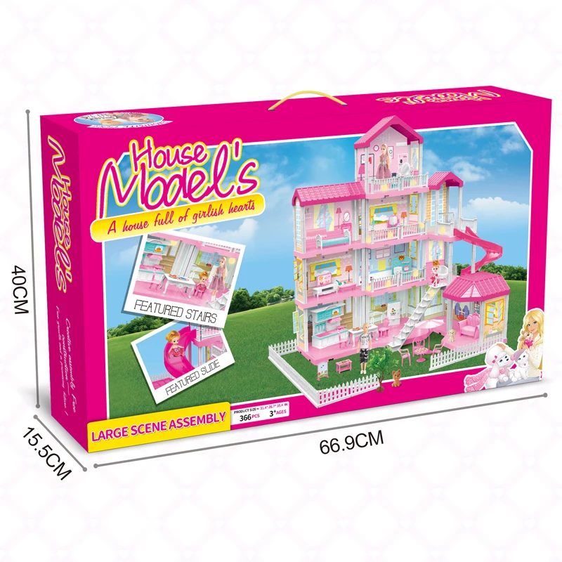 GirlDiary – Maison De Poupée Rose 4 étages, 11 Pièces, 4 Poupées, Lumières – Cadeau Fille 3-8 Ans