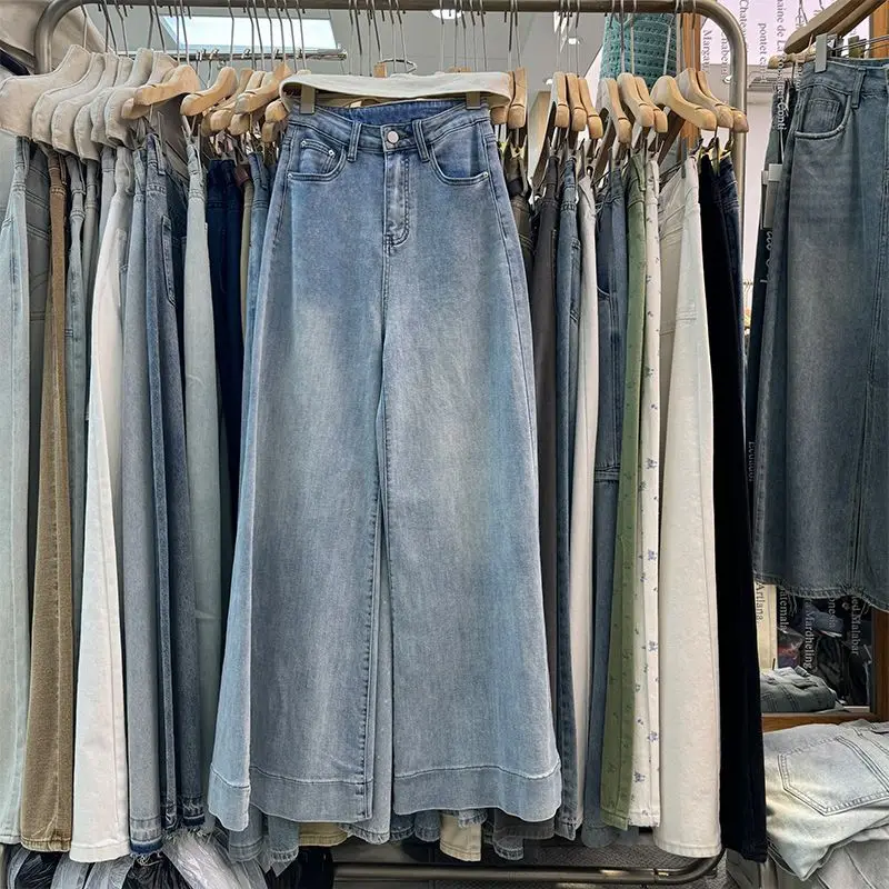 Blå vintage-jeans med utvidet ben, høy midje, løst sitte, for kvinner, raskt tørkende sandvasket jeans til høsten, langs til gulvet