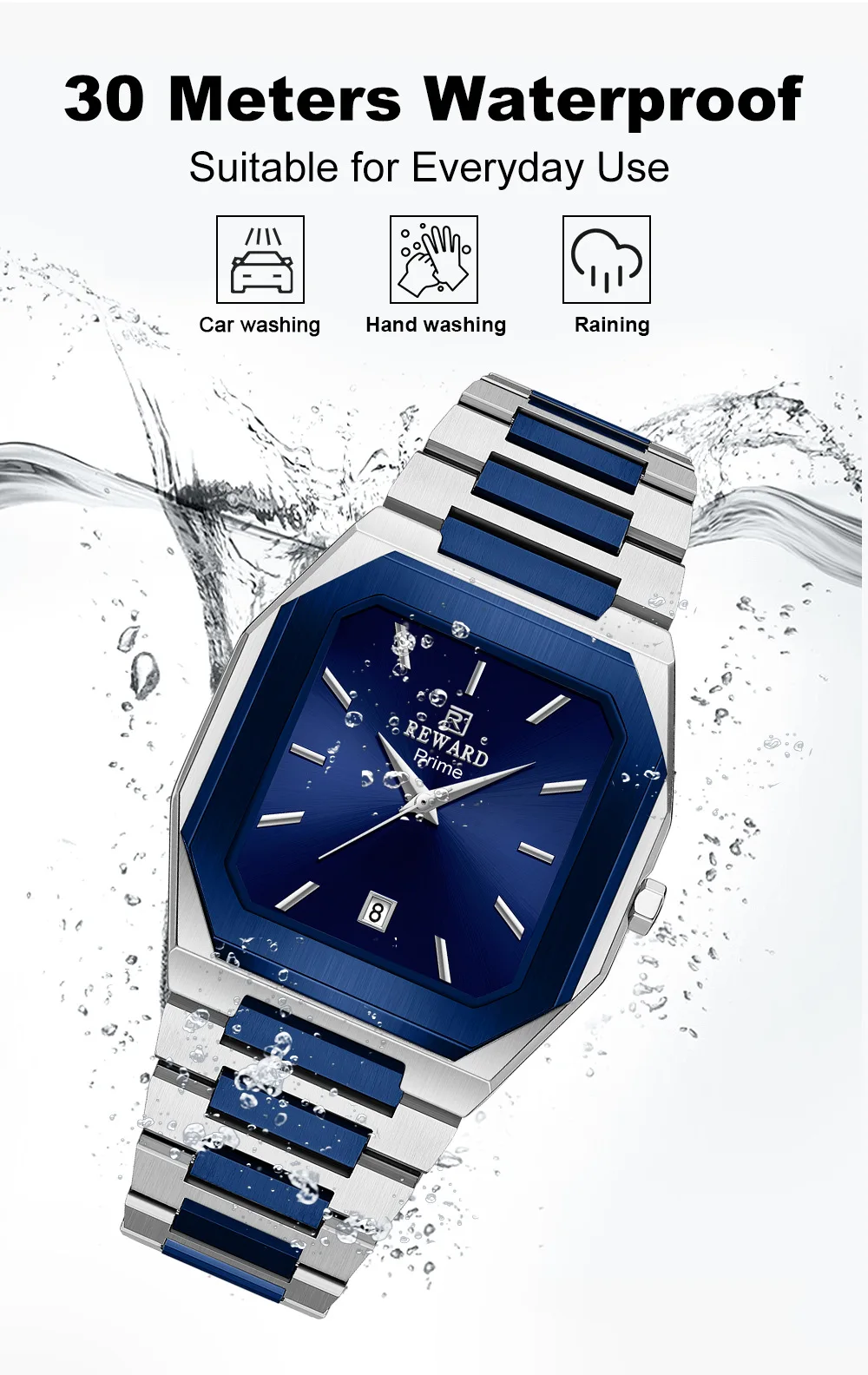 REWARD New Product Men Quartz Watch Three Hands Classic Ultra Thin Case Stainless Steel Bezel Waterproof Square Charm Limited