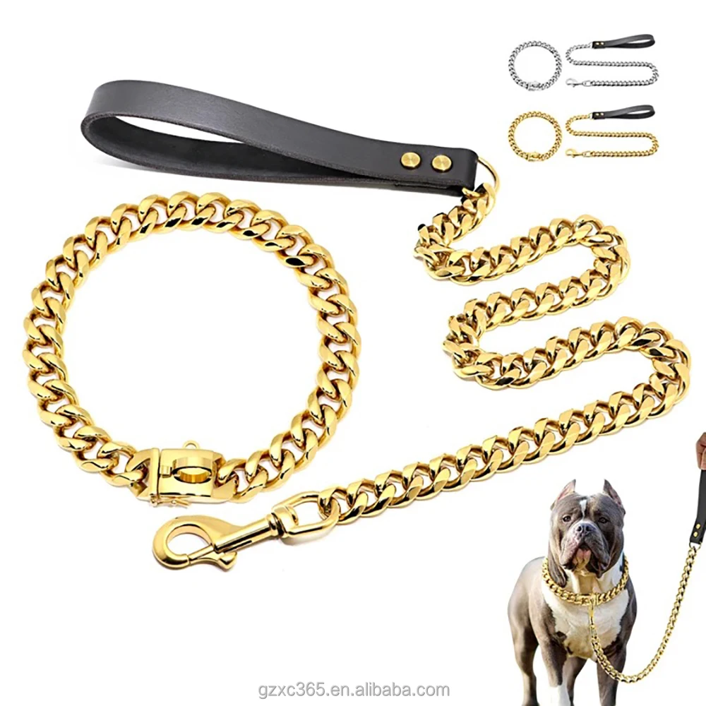 19MM Wide Heavy Duty Gold Dog Chain Collar Metal Stainless Steel Big Cuban Link Dog Collars Chains Alibaba