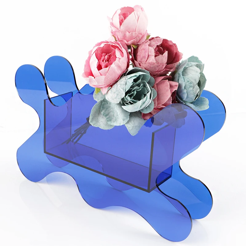 Acrylic Flower Box Vase Clear Blue Tabletop Decorative Art Vase