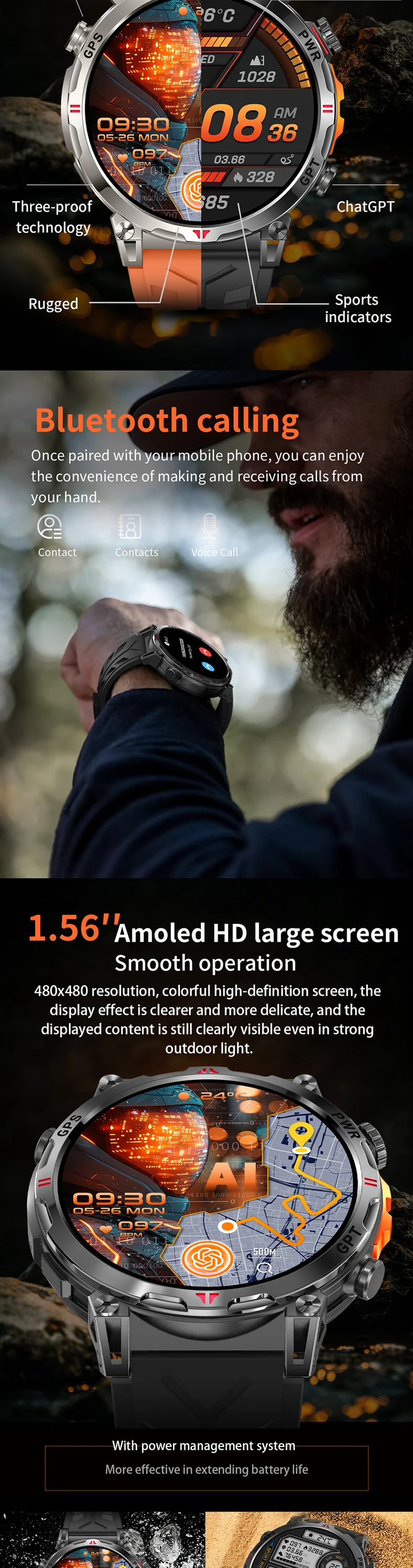 product 2025 kc93 gps smart watch 156 inch amoled screen ai dial gpt flashlight compass 650mah battery 3atm waterproof sport smartwatch-2