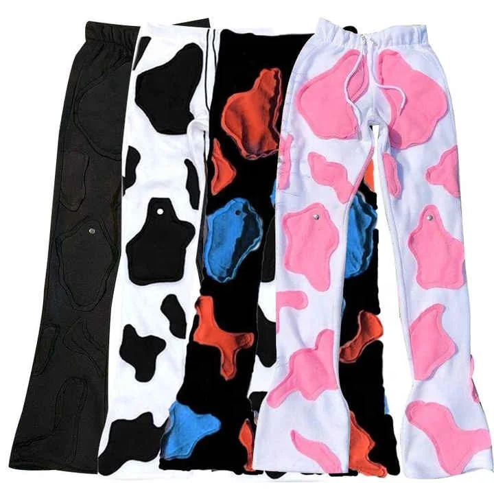 Custom Stacked Sweatpants Cow Print Patchwork Cotton French Terry Embroidery Winter Jogger Stacked Sweat Pants Men gallery 4
