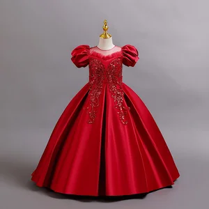 Children's Sequins Fancy Party Dress Frocks Designs Puff Sleeves Satin Flower Princess Dresses Girls Clothes for Kids