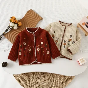New Autumn Winter Printed Sweater for Baby Girls Knitted Cardigan with Belt Closure European-American Style Top