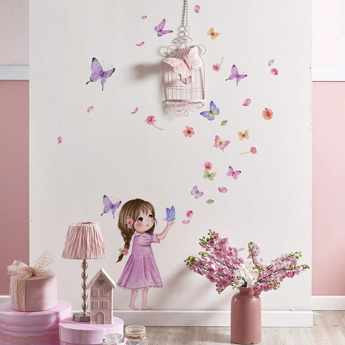 Cute Little Girl Wall Sticker Colorful Butterfly Decals Living Room  Decorative Wallpaper, image size:1200x1200