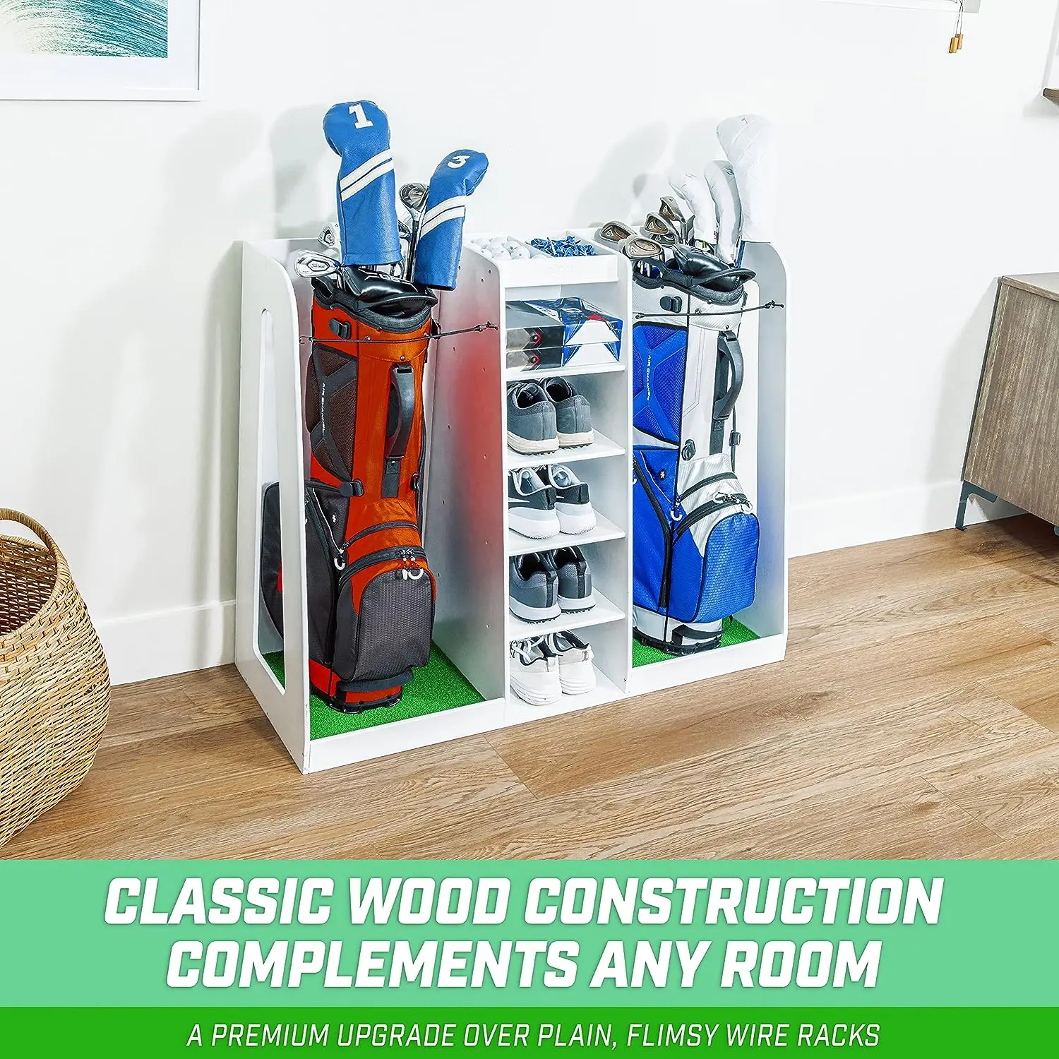 Costmiedable Wood Golf Bag Display Stand Holder Shelf Wooden Golf Putter Stand Golf Bag Organizer Storage Rack