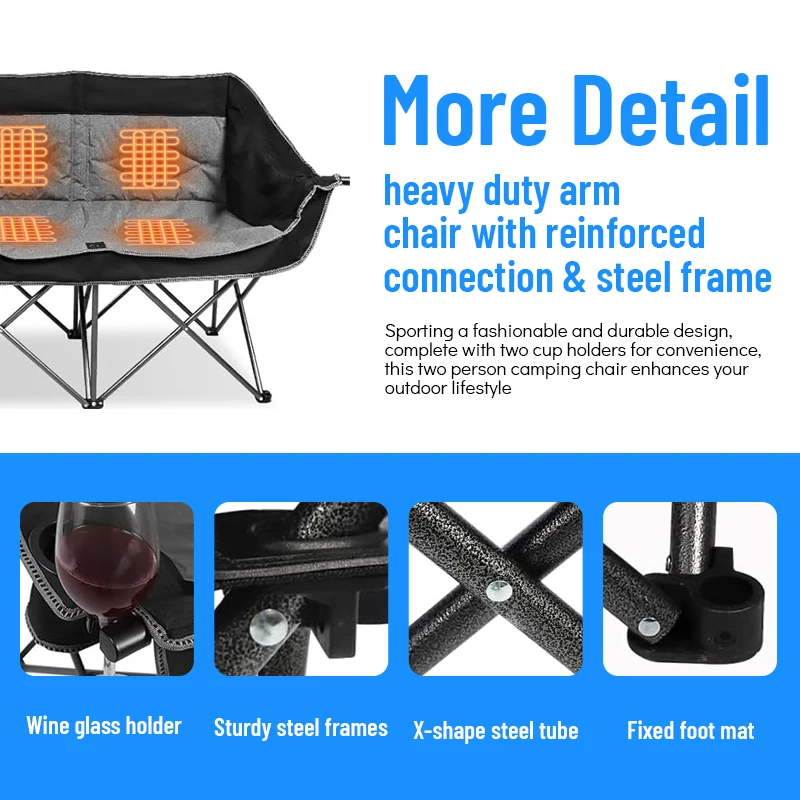 Factory Custom Portable Couple Heated Double Seat Outdoor Furniture Leisure Luxury Lazy Folding Camping Garden Beach Chairs