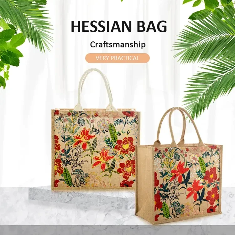 Custom Wholesale Customizing Printed Eco Friendly Fashion Reusable Burlap Gift Beach Tote Bag Grocery Shopping Jute Bags