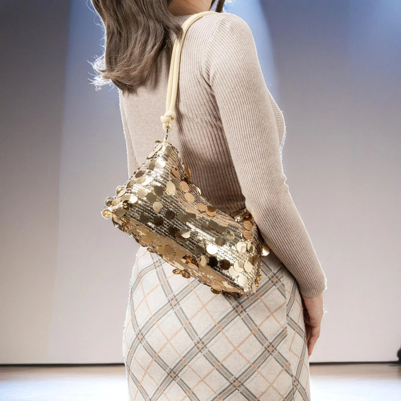 Factory Wholesale Vintage Lady Zipper Fashion Sequined Single Handle Underarm Handbag for Daily Shopping