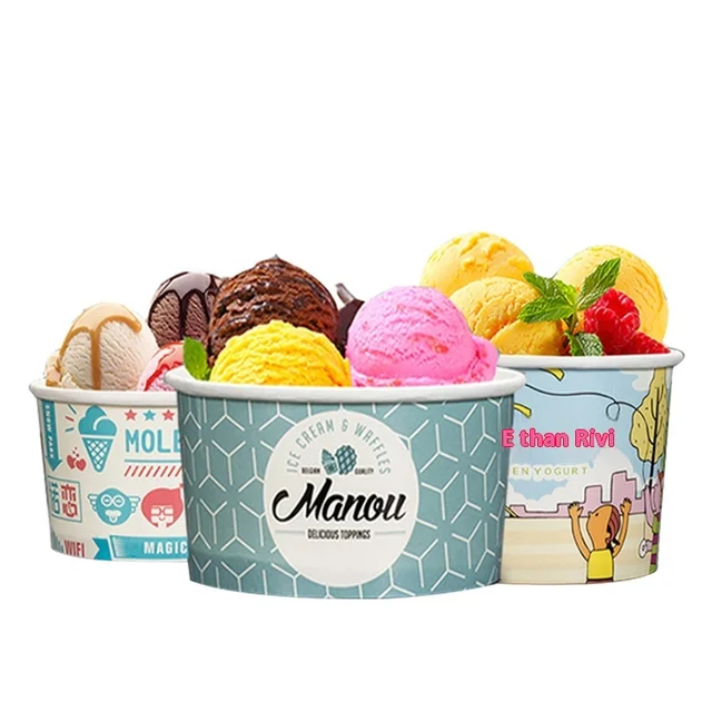 2/3/4/5/6//8/9oz Custom Printed Ice Cream Paper Cup With Lid Disposable Paper Bowl for Yogurt Dessert Snacks Take-out Packaging