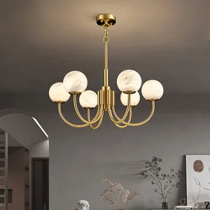 Zeallighting Modern Natural Alabaster Globe Sphere Light Luxurious Brass Decorative Marble Balls Chandelier for Living Room