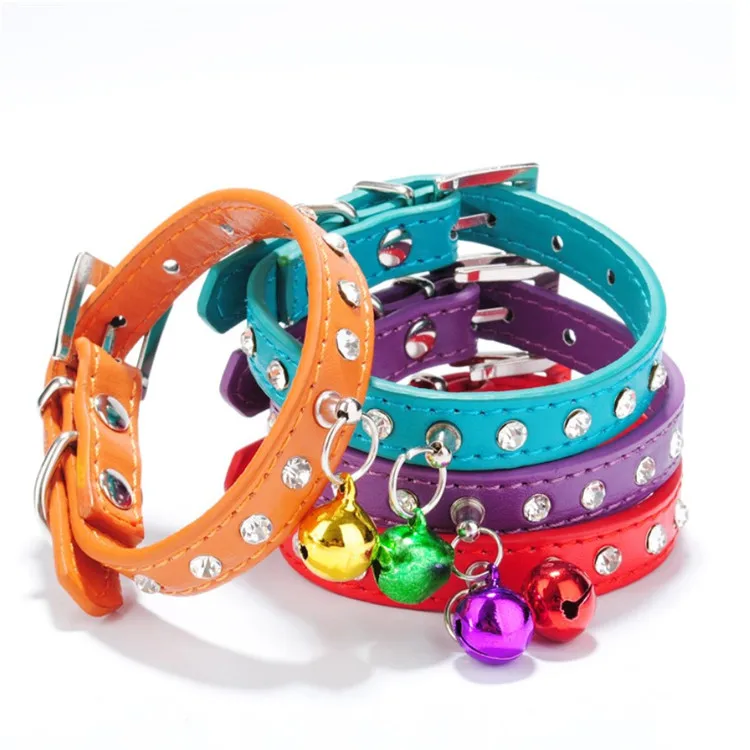 Benala Cute Rhinestone Bling Studded Leather Dog Necklace Collar with Bell for Small Boy Girls Dog Cat Pet 