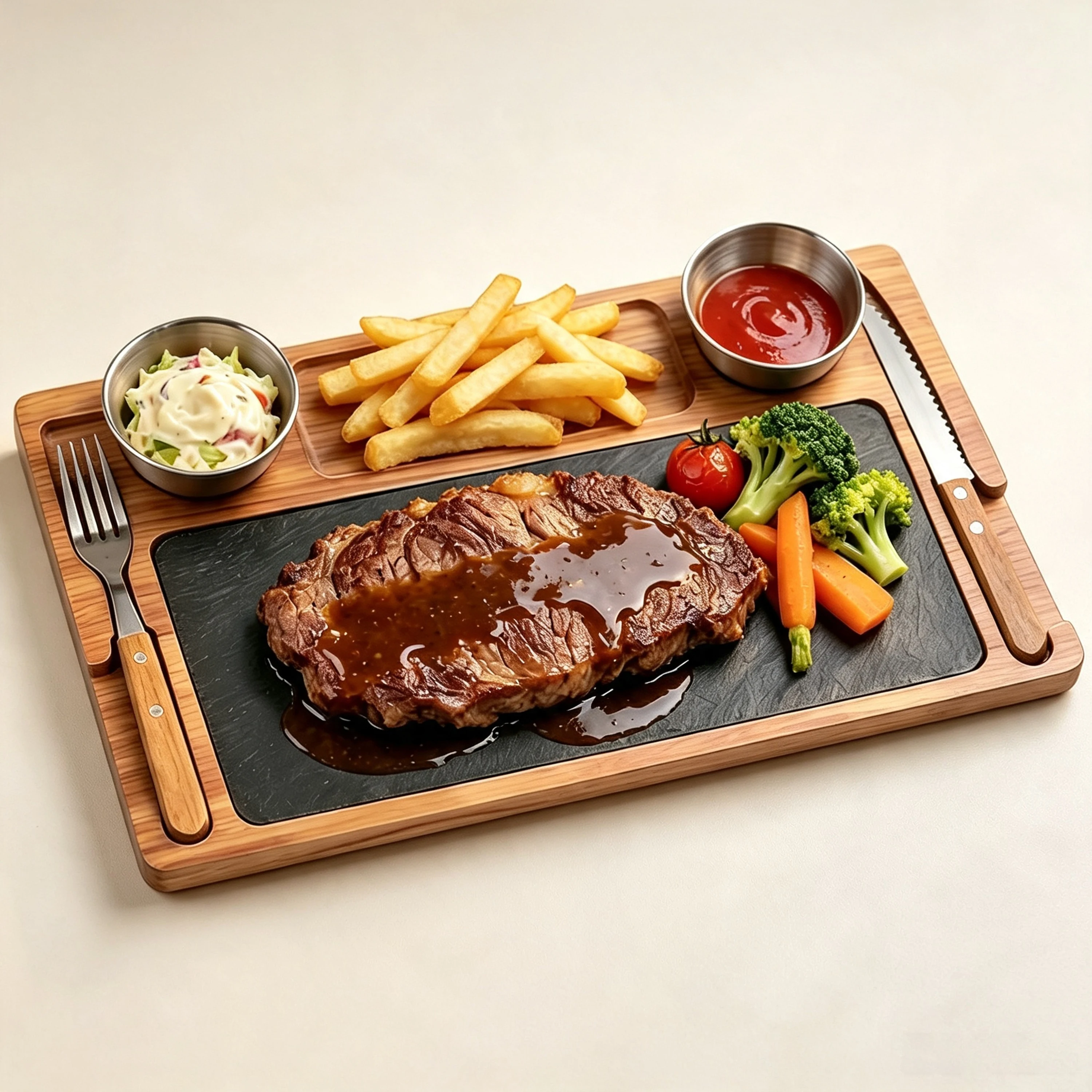 Wooden Slate Steak Serving Plate Tray with Sauce Cup Fork Knife Cutlery Holder Cheese Board Serving Board Charcuterie Boards