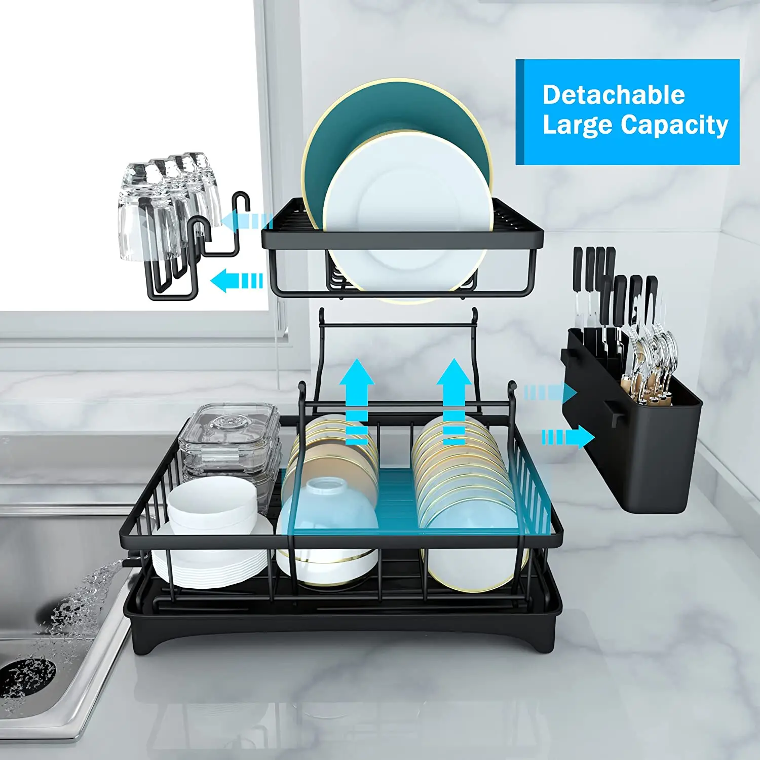 2 Tier Dish Drying Rack Home Stainless Steel Dish Rack Container And