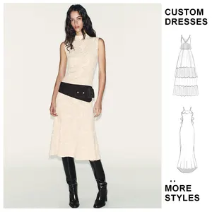 Custom Wholesale Winter New Women's Casual Anti-Static Sleeveless Half High Collar Metallic Flower Jacquard Knitted Dress