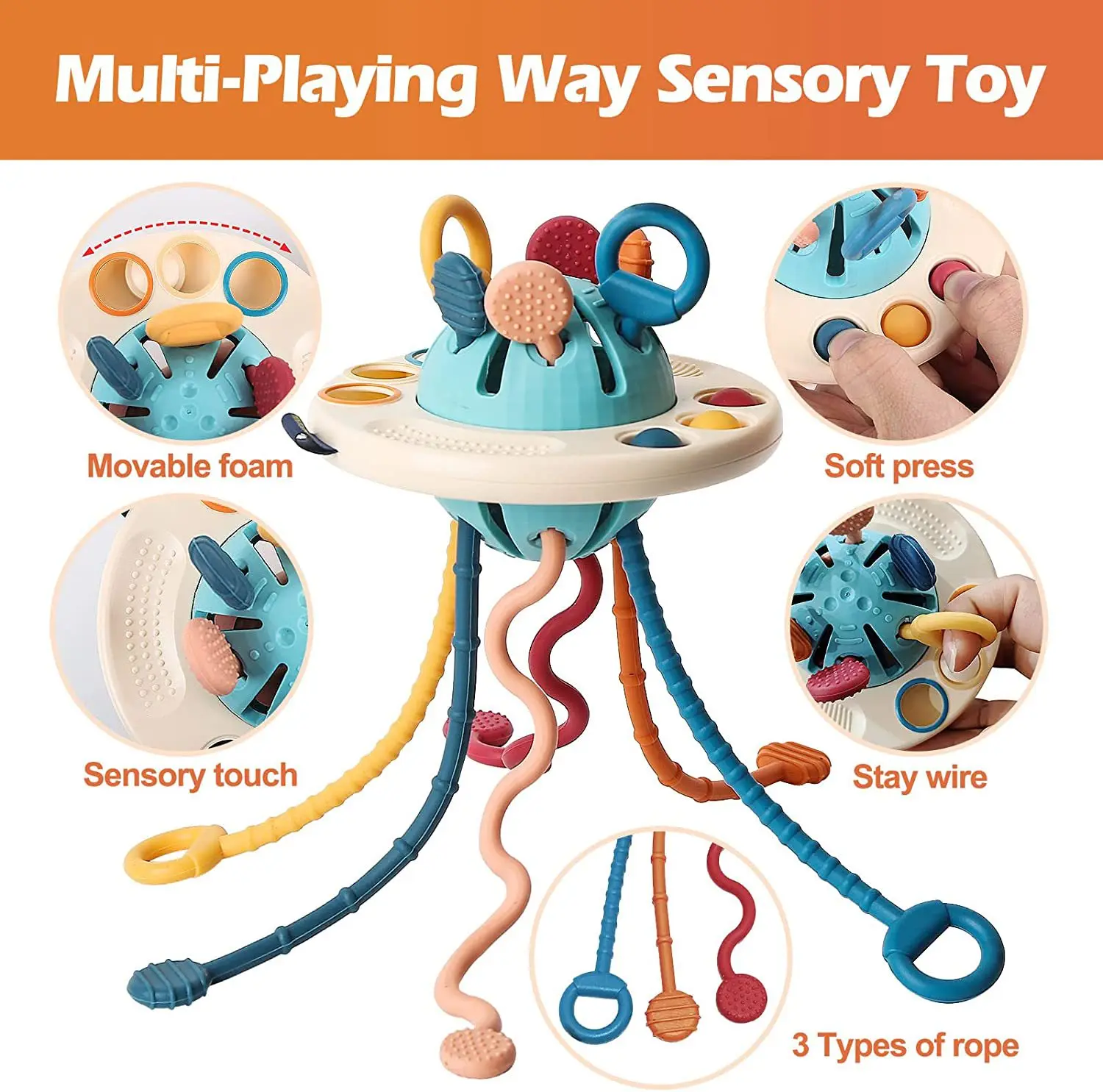 Baby Sensory Montessori Silicone Toy Travel Pull String Toy Multi ...