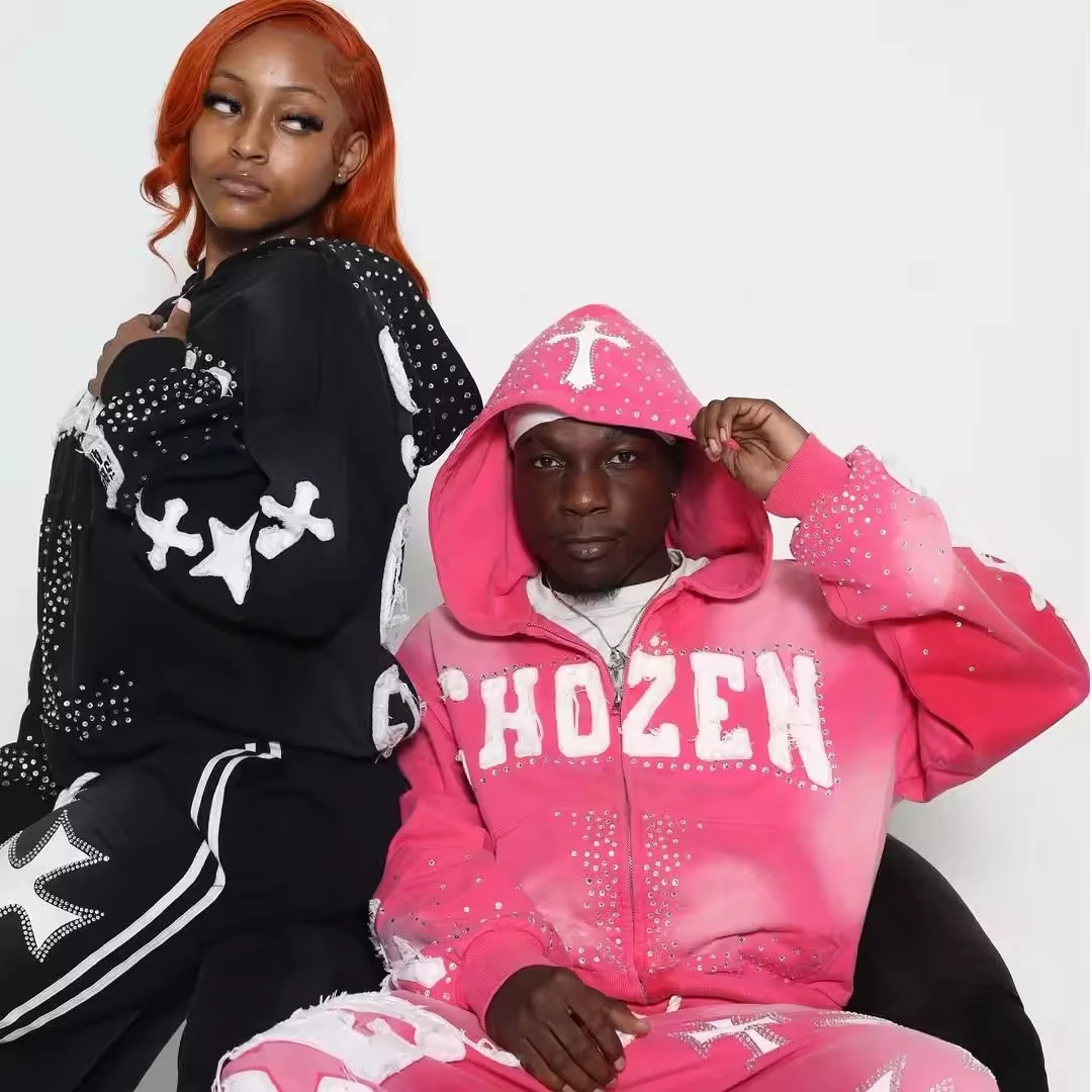 Custom Rhinestone Hoodie DTG Print 100% Cotton Full Cropped Raw Hem Hoodies Zipper Printing Hoodie French Terry gallery 5