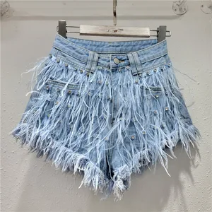 Summer New Fashion Sexy Feather Hot Pants Women Personalized Tassel Diamond Wash Light Blue Short Jeans Fashion Denim Shorts