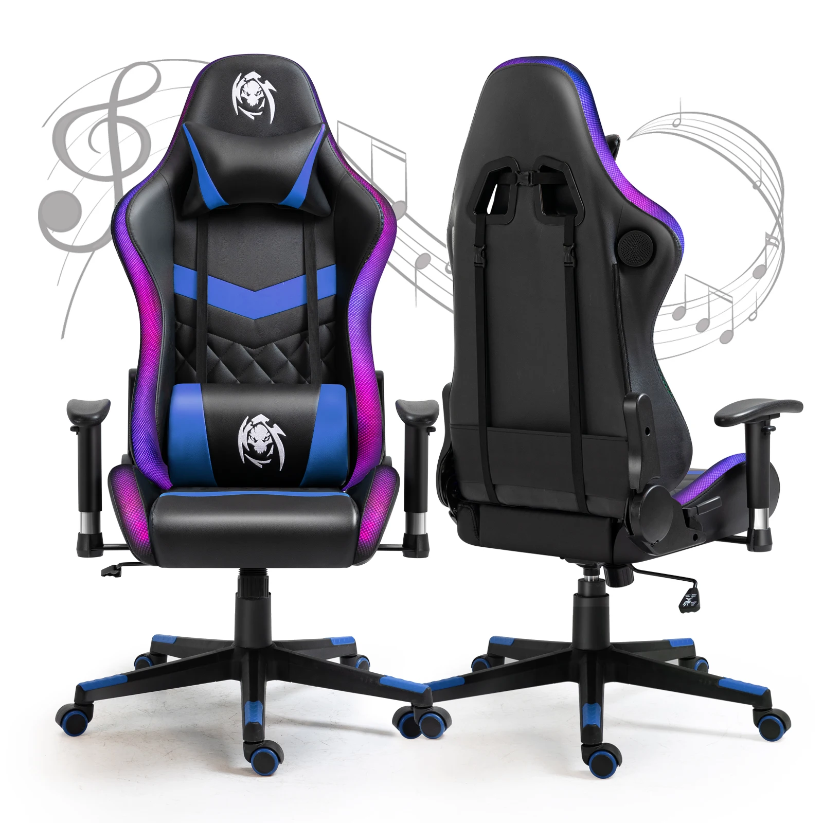 blue and black gaming chair with speakers