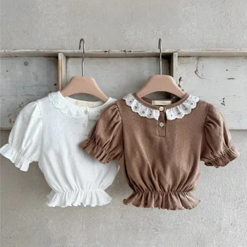 South Korea children's clothing Girls' baby sweet top 2024 Summer Girl puff short sleeve T-shirt
