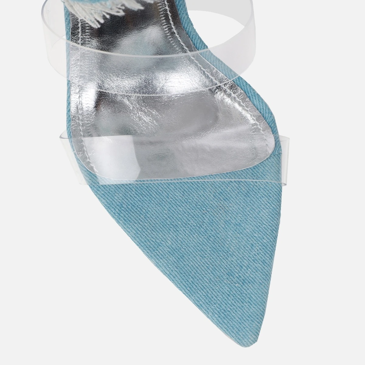 Lady Denim Fringed Pointy Toe PVC Strappy High Heel Sandal Sexy Women Blue Denim Ankle Strap Stiletto High Heel Pumps Shoes