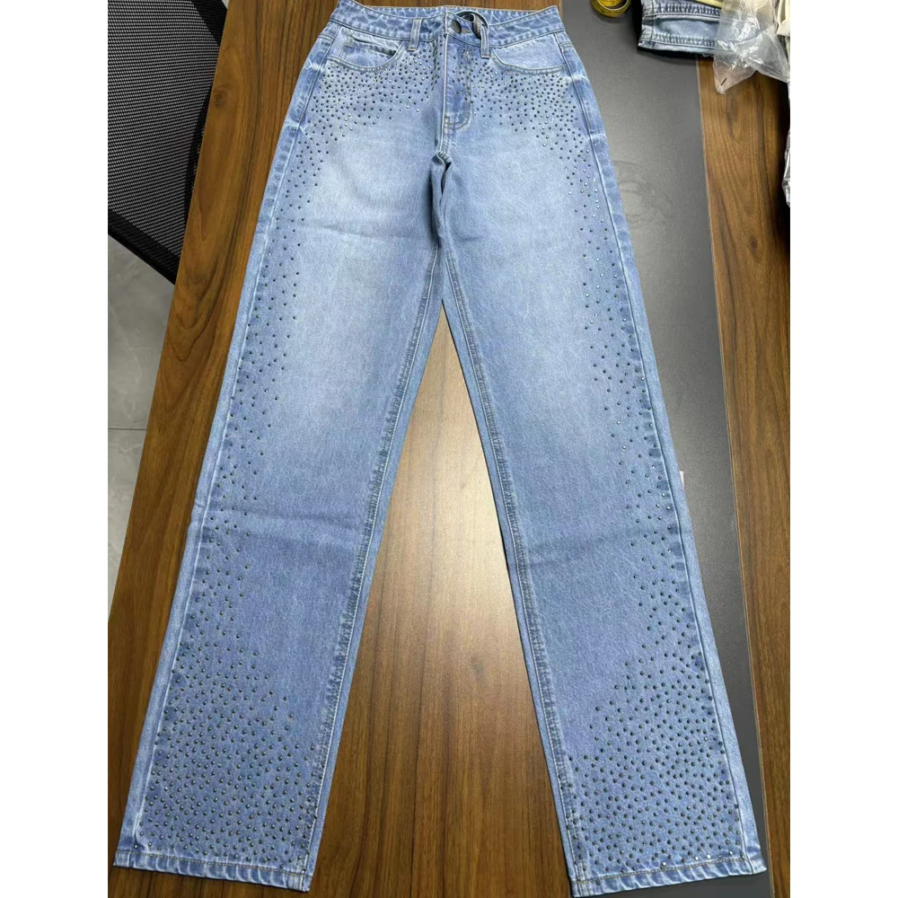 Cotton Classic American High Street Vibe Blinged-Out Twist Side Rhinestone-Embellished Jeans Wide Leg Straight Brillo