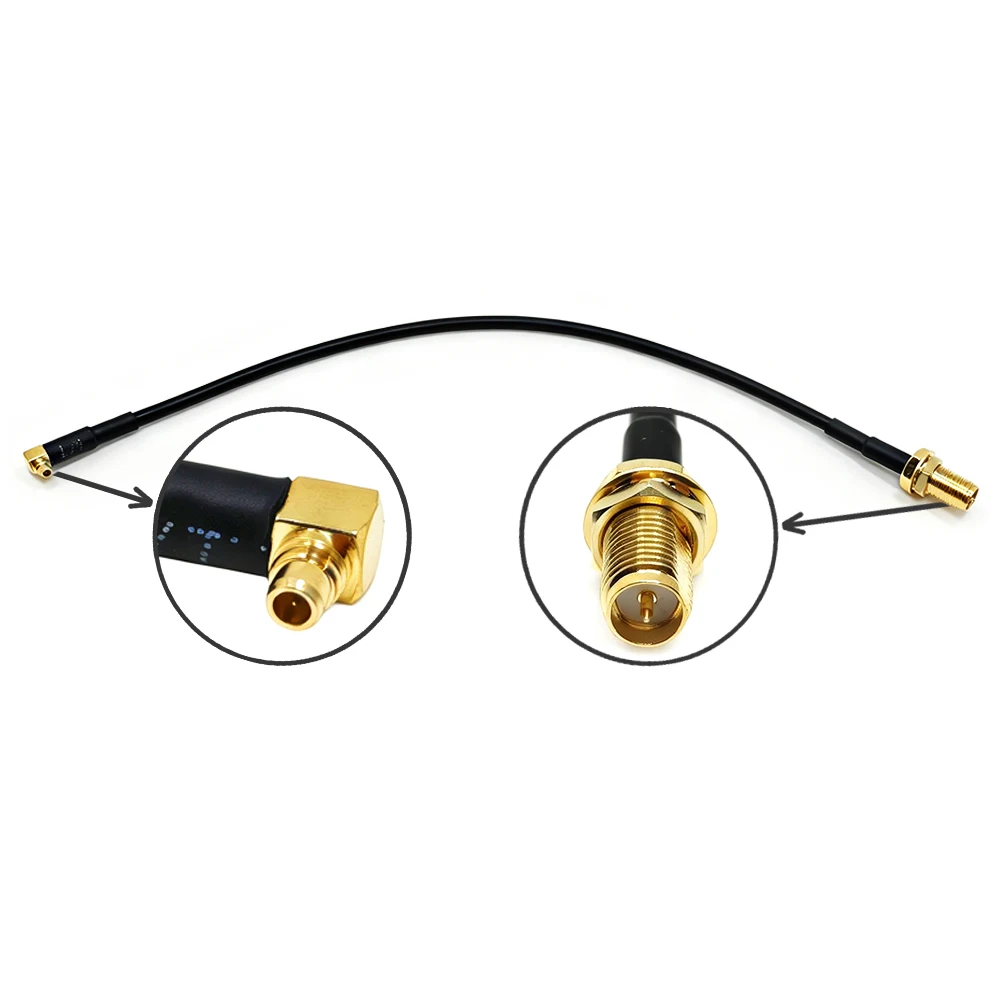 Werkslieferung: 20 cm, RP-SMA-Buchse (Durchsteckmontage) auf MMCX-Stecker, rechtwinklig, RG174-Koaxialkabelbaugruppe, 50 Ohm, RF-Pigtail